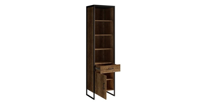 Vitrine avec LED intégrées style industriel, 1 porte et 1 tiroir collection ANAFI. Couleur épicéa et noir.