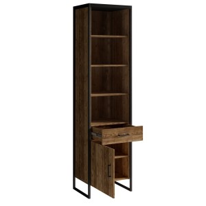 Vitrine avec LED intégrées style industriel, 1 porte et 1 tiroir collection ANAFI. Couleur épicéa et noir.
