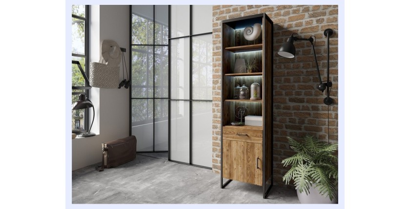Vitrine avec LED intégrées style industriel, 1 porte et 1 tiroir collection ANAFI. Couleur épicéa et noir.
