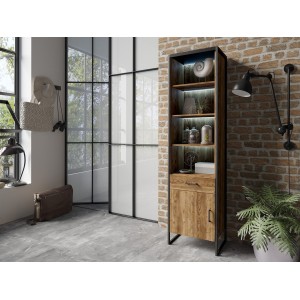 Vitrine avec LED intégrées style industriel, 1 porte et 1 tiroir collection ANAFI. Couleur épicéa et noir.