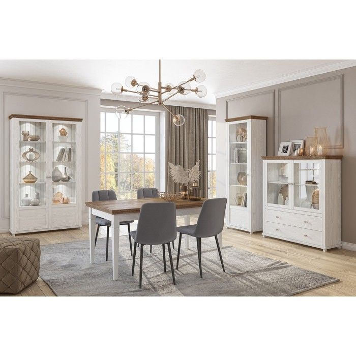 Vitrine 1 porte avec LED intégrées collection ASSIA. Couleur frêne blanc et chêne. Ouverture gauche