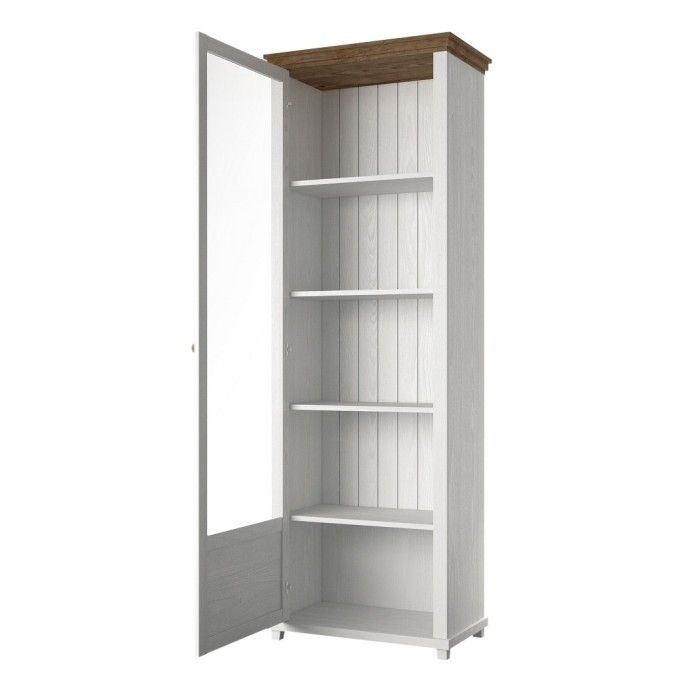 Vitrine 1 porte avec LED intégrées collection ASSIA. Couleur frêne blanc et chêne. Ouverture gauche