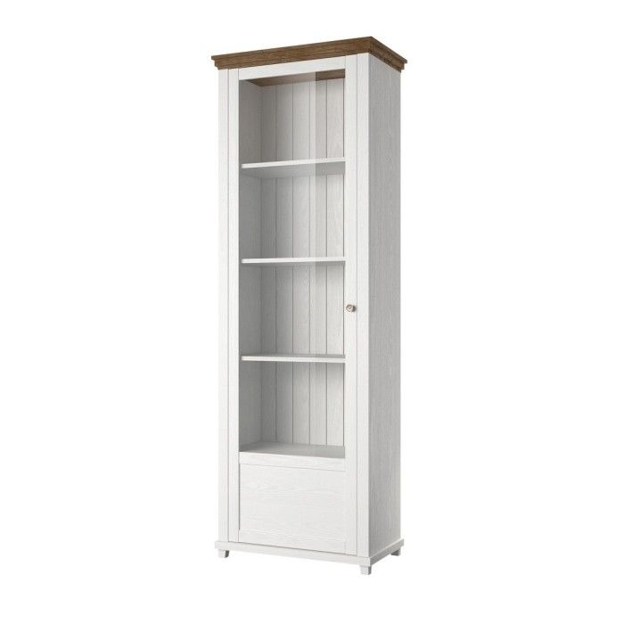 Vitrine 1 porte avec LED intégrées collection ASSIA. Couleur frêne blanc et chêne. Ouverture gauche