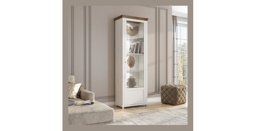 Vitrine 1 porte avec LED intégrées collection ASSIA. Couleur frêne blanc et chêne. Ouverture gauche