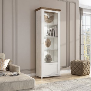 Vitrine 1 porte avec LED intégrées collection ASSIA. Couleur frêne blanc et chêne. Ouverture gauche