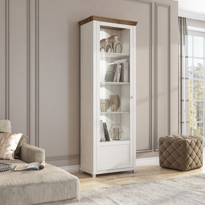 Vitrine 1 porte avec LED intégrées collection ASSIA. Couleur frêne blanc et chêne. Ouverture droite
