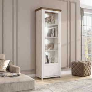 Vitrine 1 porte avec LED intégrées collection ASSIA. Couleur frêne blanc et chêne. Ouverture droite