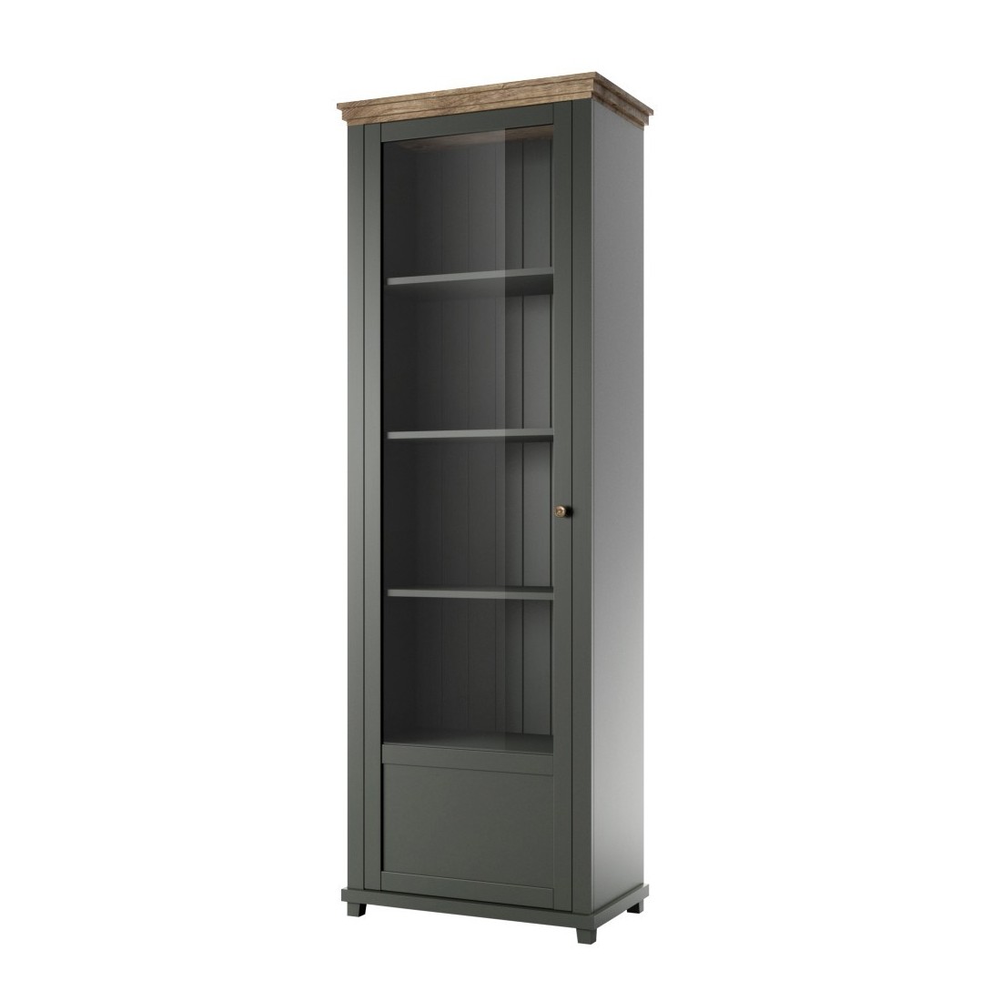 Vitrine 1 porte avec LED intégrées collection ASSIA. Coloris vert et chêne. Ouverture gauche