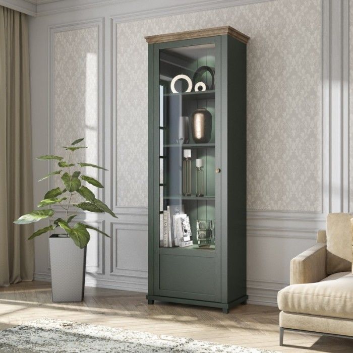 Vitrine 1 porte avec LED intégrées collection ASSIA. Coloris vert et chêne. Ouverture gauche