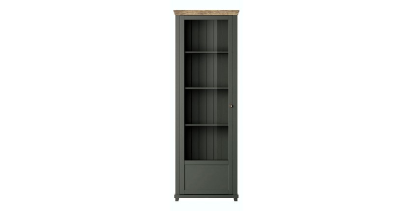 Vitrine 1 porte avec LED intégrées collection ASSIA. Coloris vert et chêne. Ouverture gauche