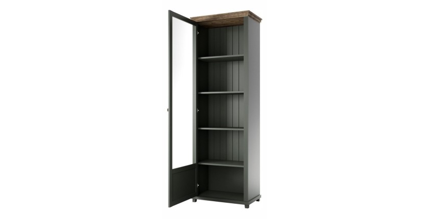 Vitrine 1 porte avec LED intégrées collection ASSIA. Coloris vert et chêne. Ouverture gauche