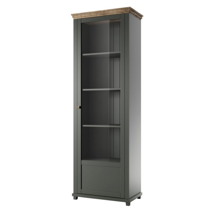 Vitrine 1 porte avec LED intégrées collection ASSIA. Coloris vert et chêne. Ouverture droite