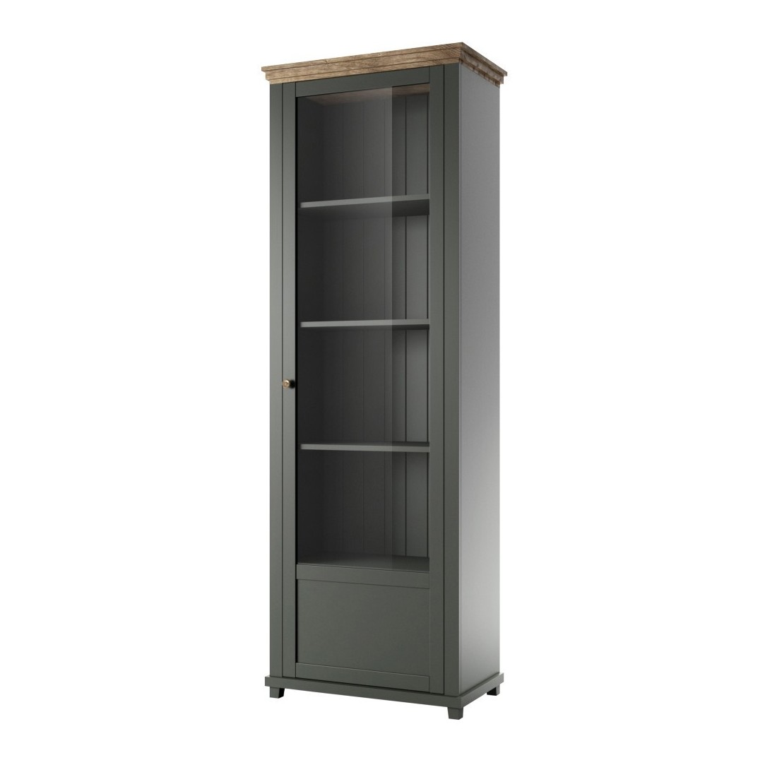 Vitrine 1 porte avec LED intégrées collection ASSIA. Coloris vert et chêne. Ouverture droite