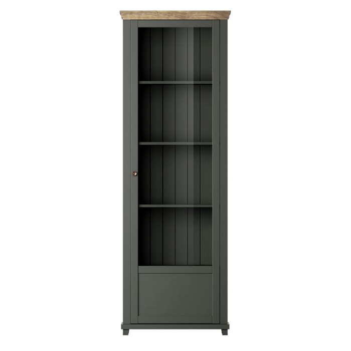 Vitrine 1 porte avec LED intégrées collection ASSIA. Coloris vert et chêne. Ouverture droite