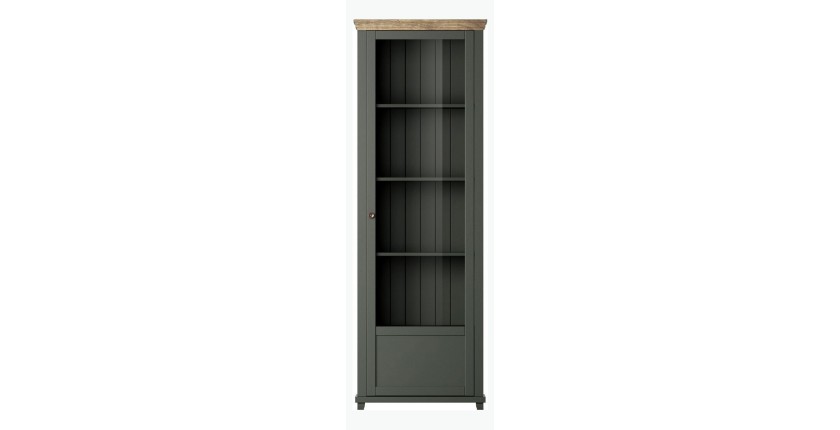 Vitrine 1 porte avec LED intégrées collection ASSIA. Coloris vert et chêne. Ouverture droite