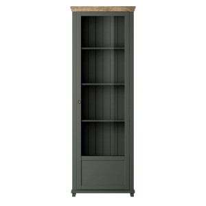 Vitrine 1 porte avec LED intégrées collection ASSIA. Coloris vert et chêne. Ouverture droite