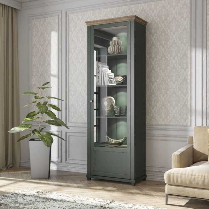 Vitrine 1 porte avec LED intégrées collection ASSIA. Coloris vert et chêne. Ouverture droite