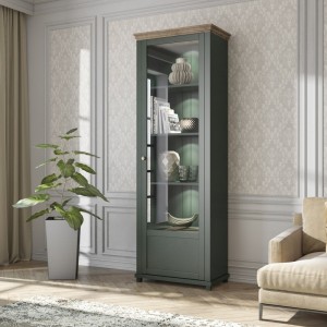 Vitrine 1 porte avec LED intégrées collection ASSIA. Coloris vert et chêne. Ouverture droite