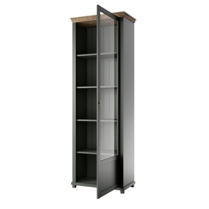 Vitrine 1 porte avec LED intégrées collection ASSIA. Coloris vert et chêne. Ouverture droite