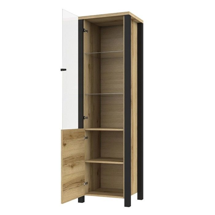 Vitrine haute design, 2 portes collection DARWIN. Couleur chêne clair et noir.