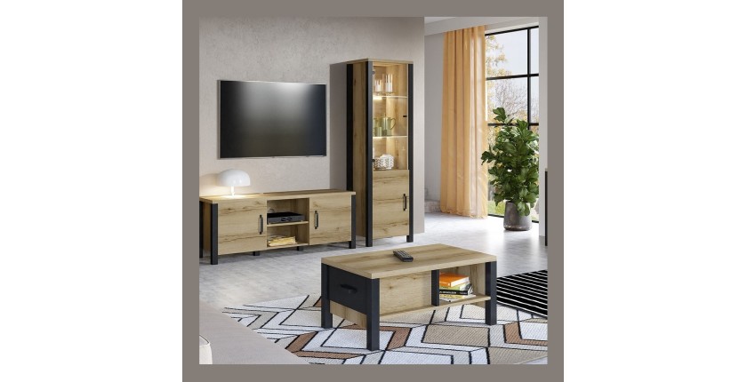 Vitrine haute design, 2 portes collection DARWIN. Couleur chêne clair et noir.