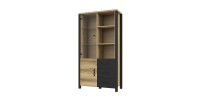 Vitrine large design collection DARWIN. Couleur chêne clair et noir. 2 portes, 3 tiroirs, 3 niches
