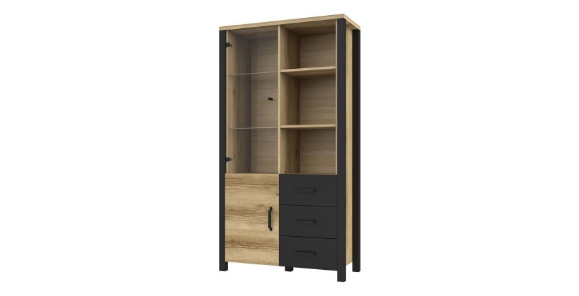 Vitrine large design collection DARWIN. Couleur chêne clair et noir. 2 portes, 3 tiroirs, 3 niches
