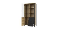 Vitrine large design collection DARWIN. Couleur chêne clair et noir. 2 portes, 3 tiroirs, 3 niches
