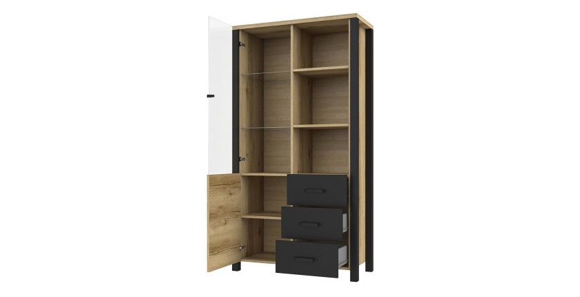 Vitrine large design collection DARWIN. Couleur chêne clair et noir. 2 portes, 3 tiroirs, 3 niches