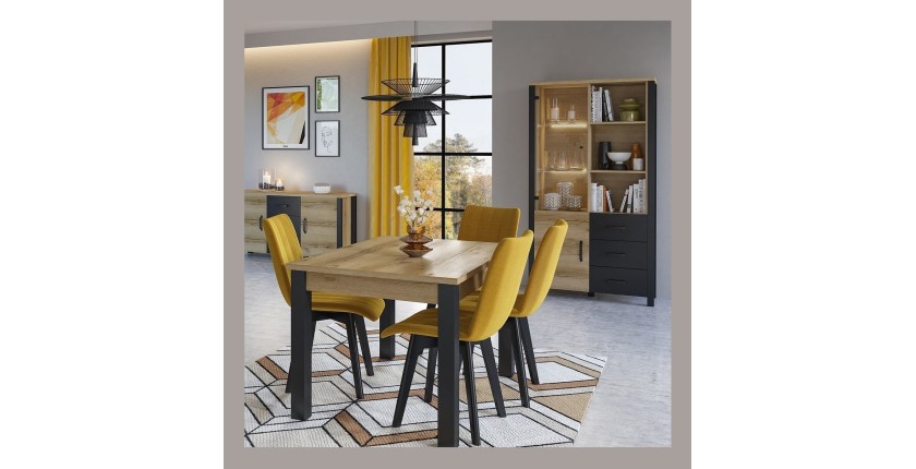 Vitrine large design collection DARWIN. Couleur chêne clair et noir. 2 portes, 3 tiroirs, 3 niches