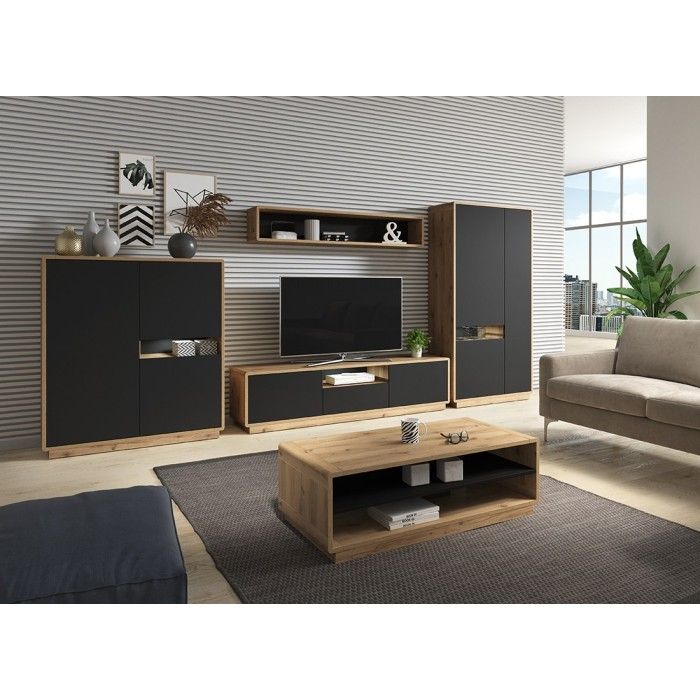 Armoire design avec niche éclairée collection VILLA. Couleur chêne et noir.