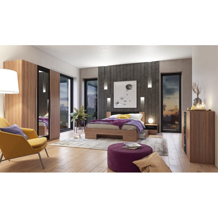 Chambre complète Irina coloris red wallnut et noir : Lit 180x200 cm + armoire + commode + chevets.