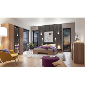 Chambre complète Irina coloris red wallnut et noir : Lit 180x200 cm + armoire + commode + chevets.