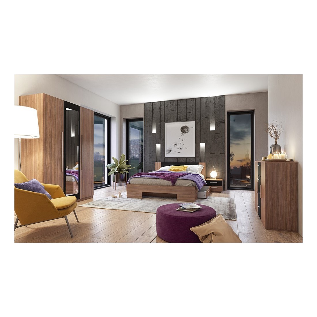 Chambre complète Irina coloris red wallnut et noir : Lit 180x200 cm + armoire + commode + chevets.