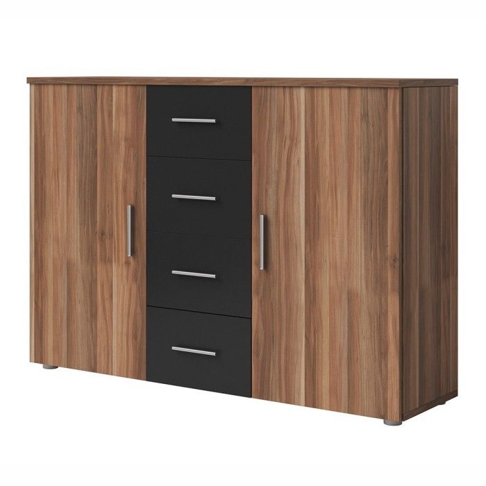 Chambre complète Irina coloris red wallnut et noir : Lit 180x200 cm + armoire + commode + chevets.