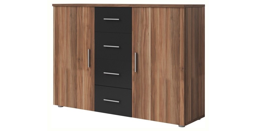 Chambre complète Irina coloris red wallnut et noir : Lit 180x200 cm + armoire + commode + chevets.