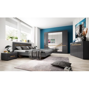 Chambre à coucher LUCIA : Armoire 4 portes + Lit 180x200 + 2 Chevets. Couleur gris et aspect chêne