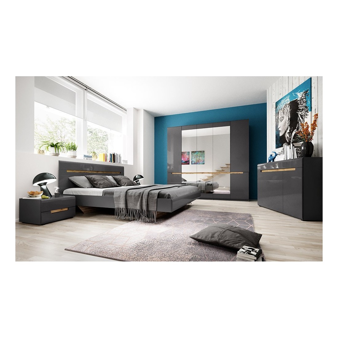 Chambre à coucher LUCIA : Armoire 4 portes + Lit 180x200 + 2 Chevets. Couleur gris et aspect chêne