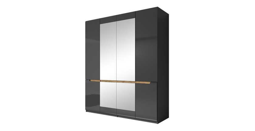 Chambre à coucher LUCIA : Armoire 4 portes + Lit 180x200 + 2 Chevets. Couleur gris et aspect chêne