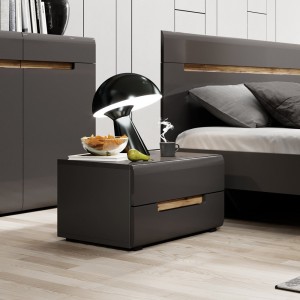 Chambre à coucher LUCIA : Armoire 4 portes + Lit 180x200 + 2 Chevets. Couleur gris et aspect chêne
