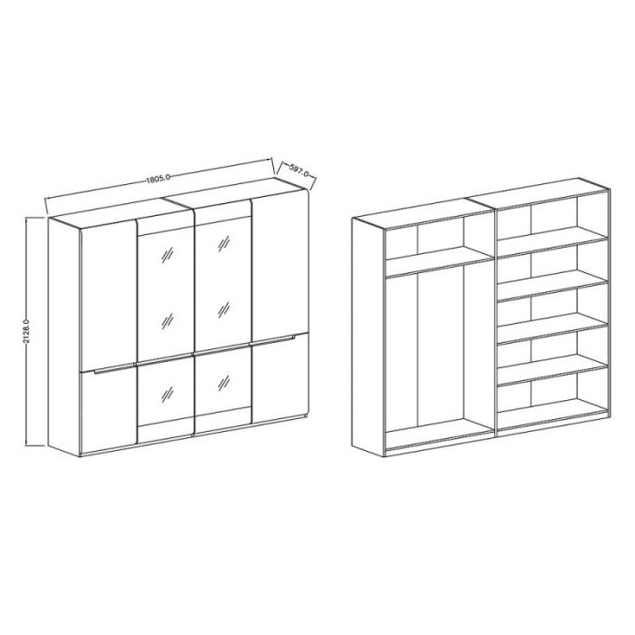 Chambre à coucher LUCIA : Armoire 4 portes + Lit 180x200 + 2 Chevets. Couleur gris et aspect chêne