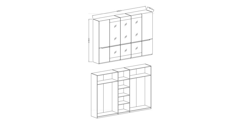 Chambre à coucher LUCIA : Armoire 5 portes + Lit 160x200 + 2 Chevets. Couleur gris et chêne