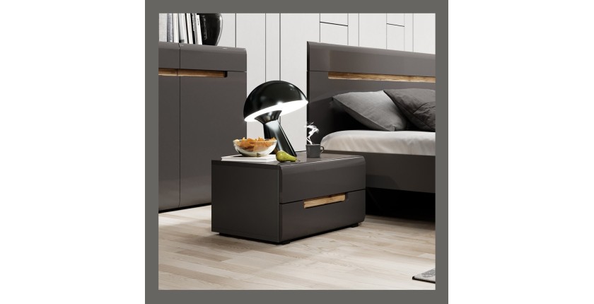 Chambre à coucher LUCIA : Armoire 5 portes + Lit 160x200 + 2 Chevets. Couleur gris et chêne