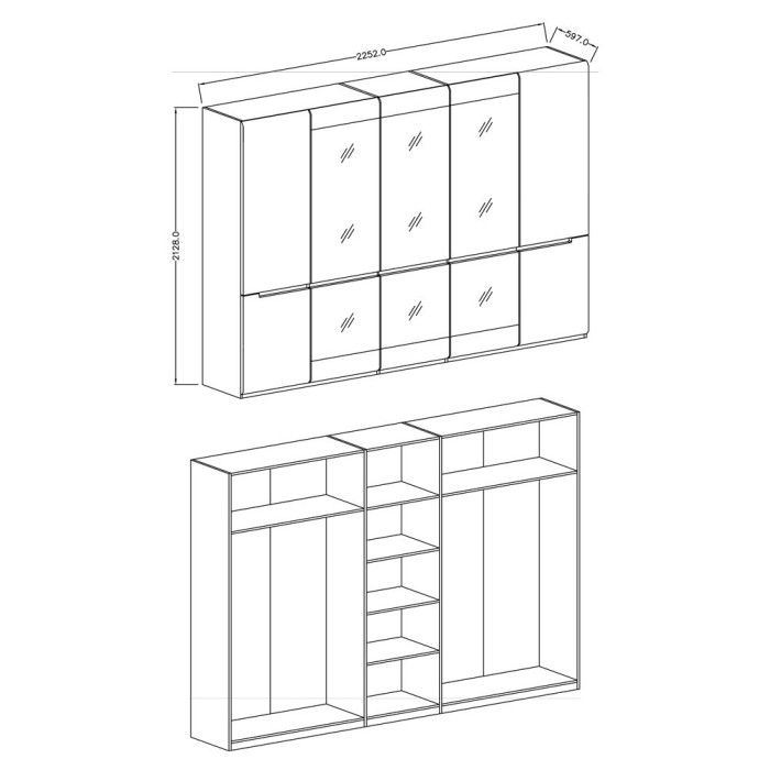 Chambre à coucher LUCIA : Armoire 5 portes + Lit 180x200 + 2 Chevets. Couleur gris et chêne