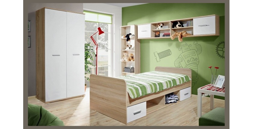Chambre complète enfant, ado - DENVER - Armoire, Lit, bibliothèque et étagère