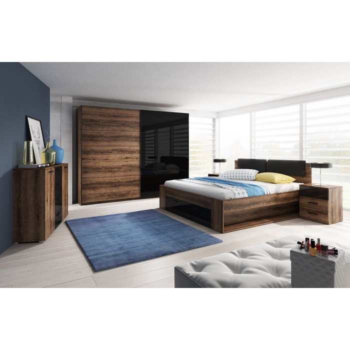 Chambre à coucher FLOYD : Armoire 200cm, Lit 140x200, commode, chevets. Couleur chêne foncé et noir brillant