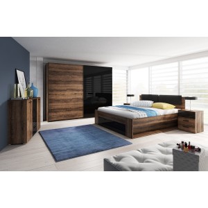 Chambre à coucher FLOYD : Armoire 200cm, Lit 140x200, commode, chevets. Couleur chêne foncé et noir brillant