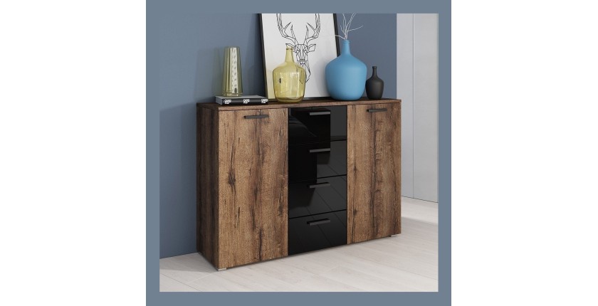 Chambre à coucher FLOYD : Armoire 200cm, Lit 140x200, commode, chevets. Couleur chêne foncé et noir brillant