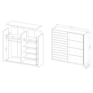 Chambre à coucher FLOYD : Armoire 200cm, Lit 140x200, commode, chevets. Couleur chêne foncé et noir brillant