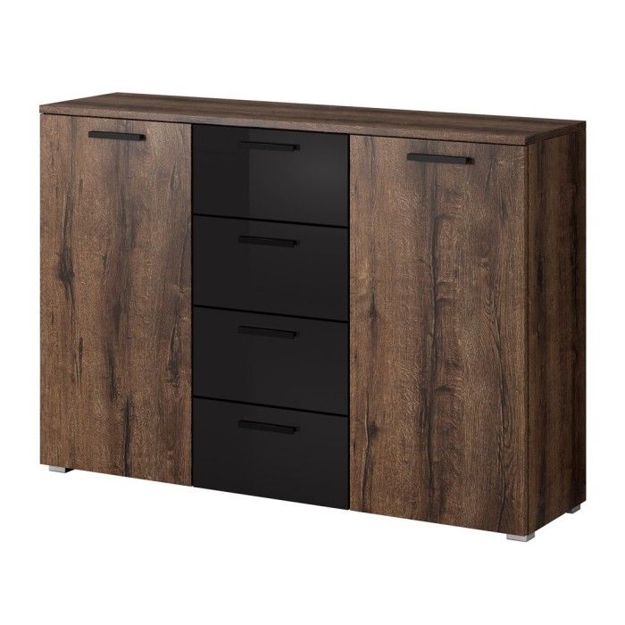 Chambre à coucher FLOYD : Armoire 220cm, Lit 140x200, commode, chevets. Couleur chêne foncé et noir brillant